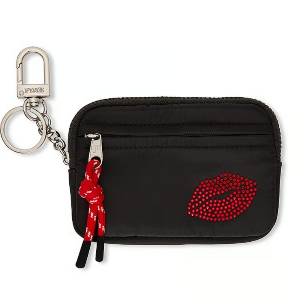 PINK VS Zip Card Holder Keychain. Black.